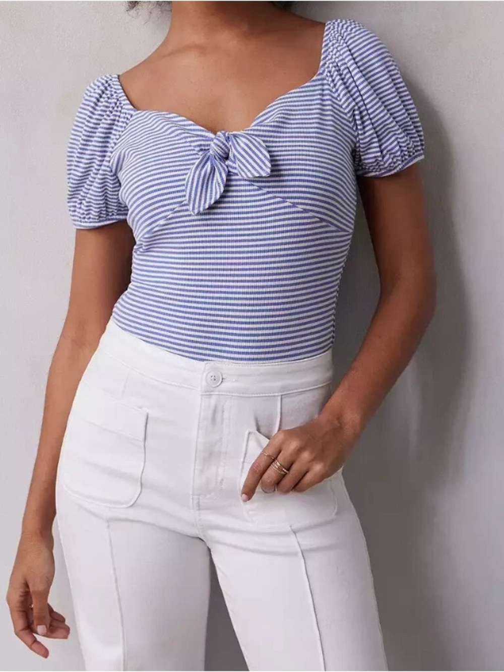Lauren Conrad Blue & White Striped Puff Sleeve Bodysuit, Women’s XL